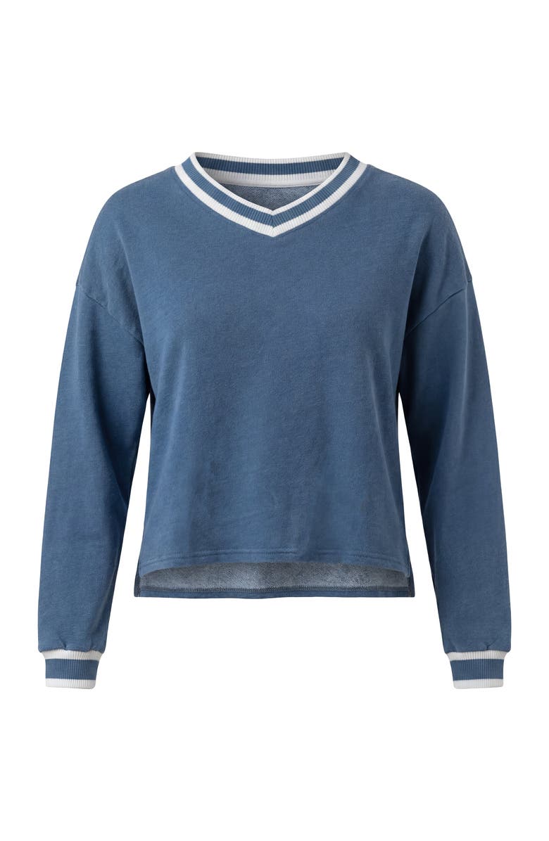 FYI Denim French Terry V-Neck Striped Rib Crop Top, Main, color, Denim