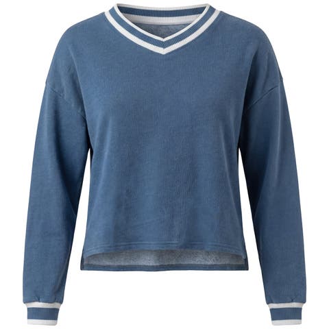 Denim French Terry V-Neck Striped Rib Crop Top