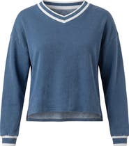 FYI Denim French Terry V-Neck Striped Rib Crop Top