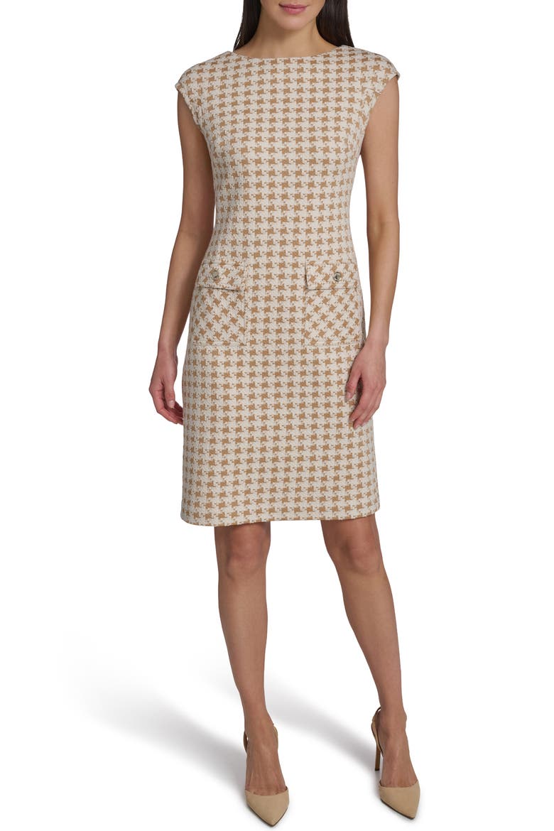 Cap Sleeve Houndstooth Sheath Dress, Main, color, TANNIN/WHT