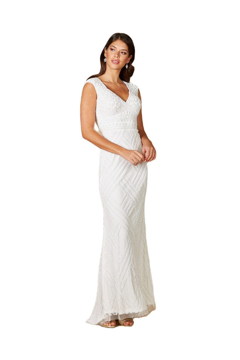Fabiana Cap Sleeve Beaded Wedding Gown, Main, color, Ivory