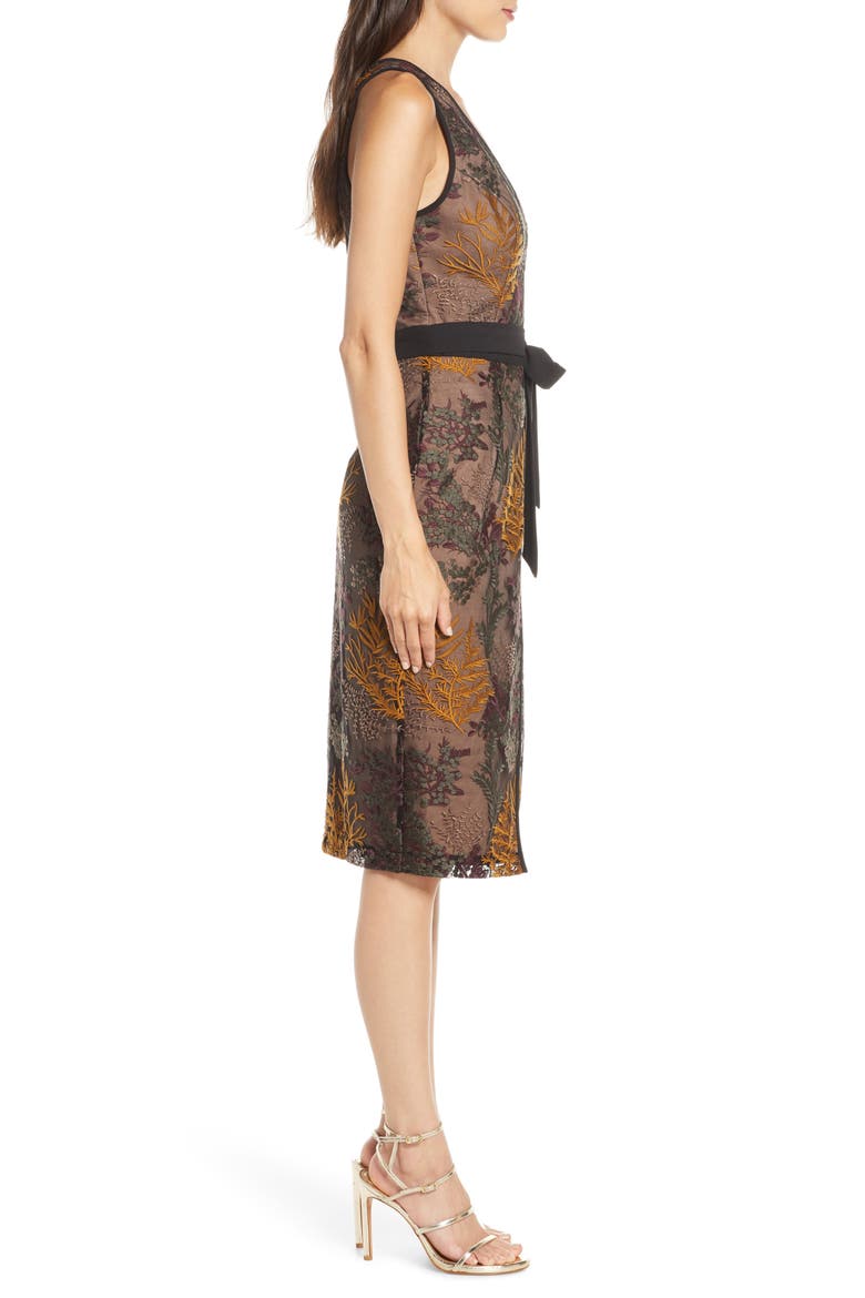 Embroidered Cocktail Sheath Dress, Alternate, color, MUSTARD/ GREEN