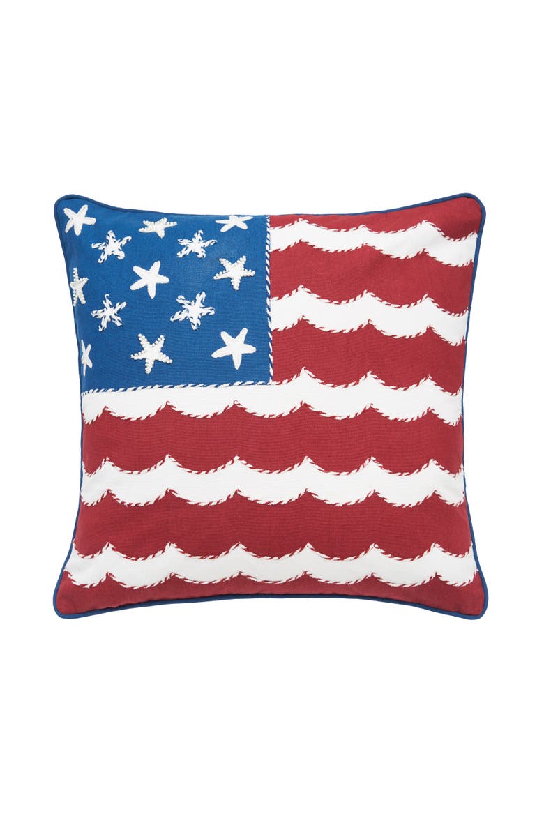 Stars & Stripes American Flag Waves 100% Cotton Accent Throw Pillow 18" x 18, Main, color, Red