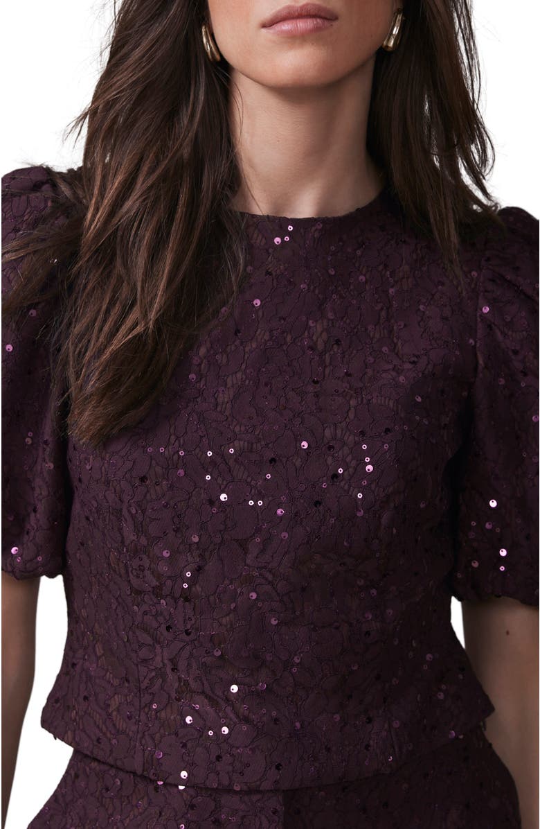 MINT VELVET Sequin Lace Puff Sleeve Top, Alternate, color, Burgundy