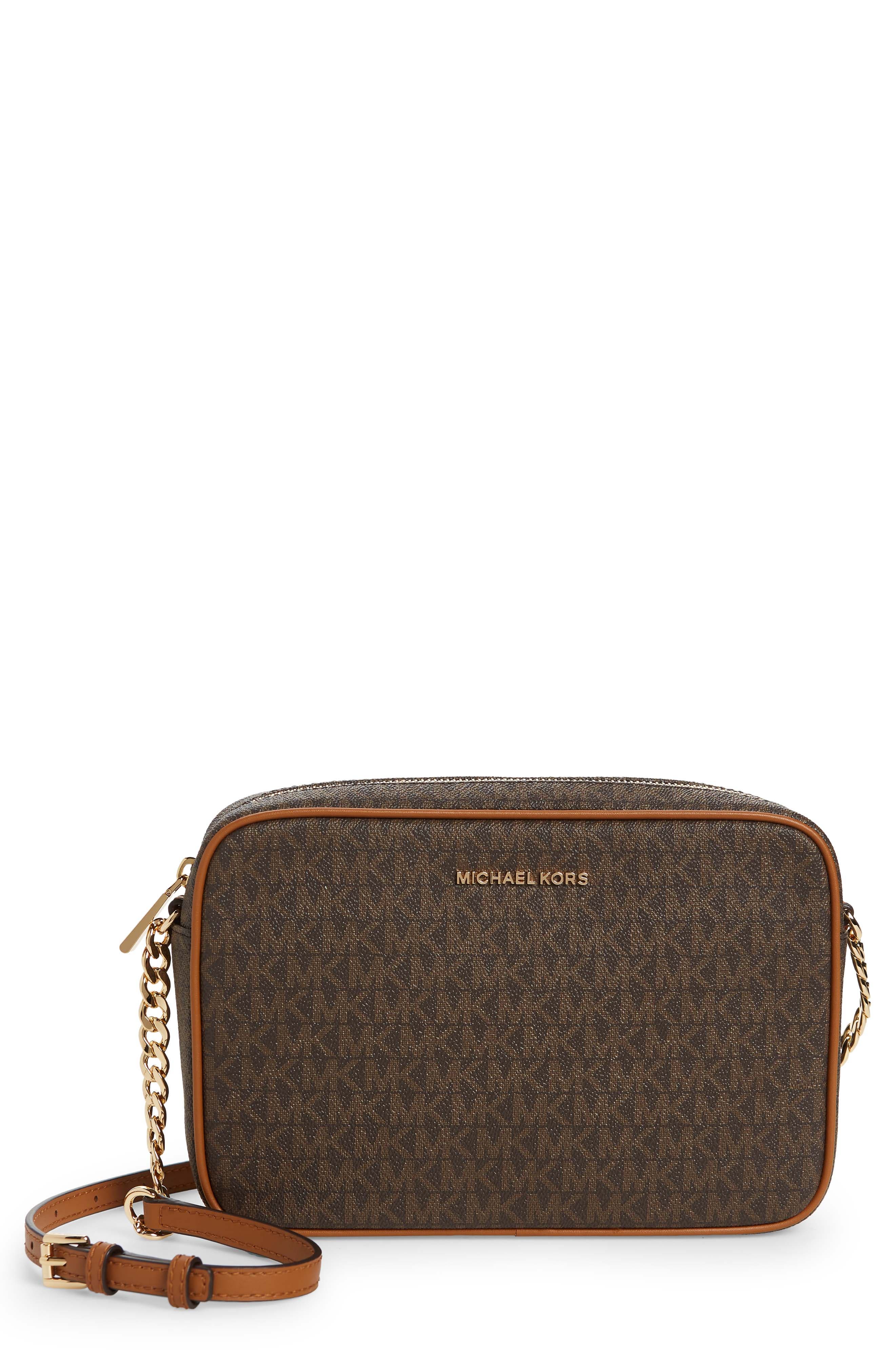 'Large Jet Set' East/West Saffiano Crossbody Bag, Main, color, BROWN