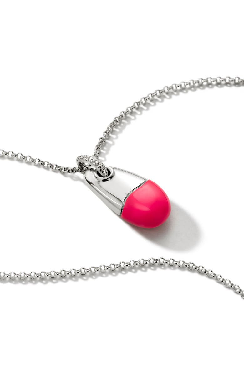 John Hardy Pebble Silver Diamond Pavé (0.04ct) Pendant on 2mm Rolo Chain Necklace with Neon Pink Enamel, Alternate, color, Pink