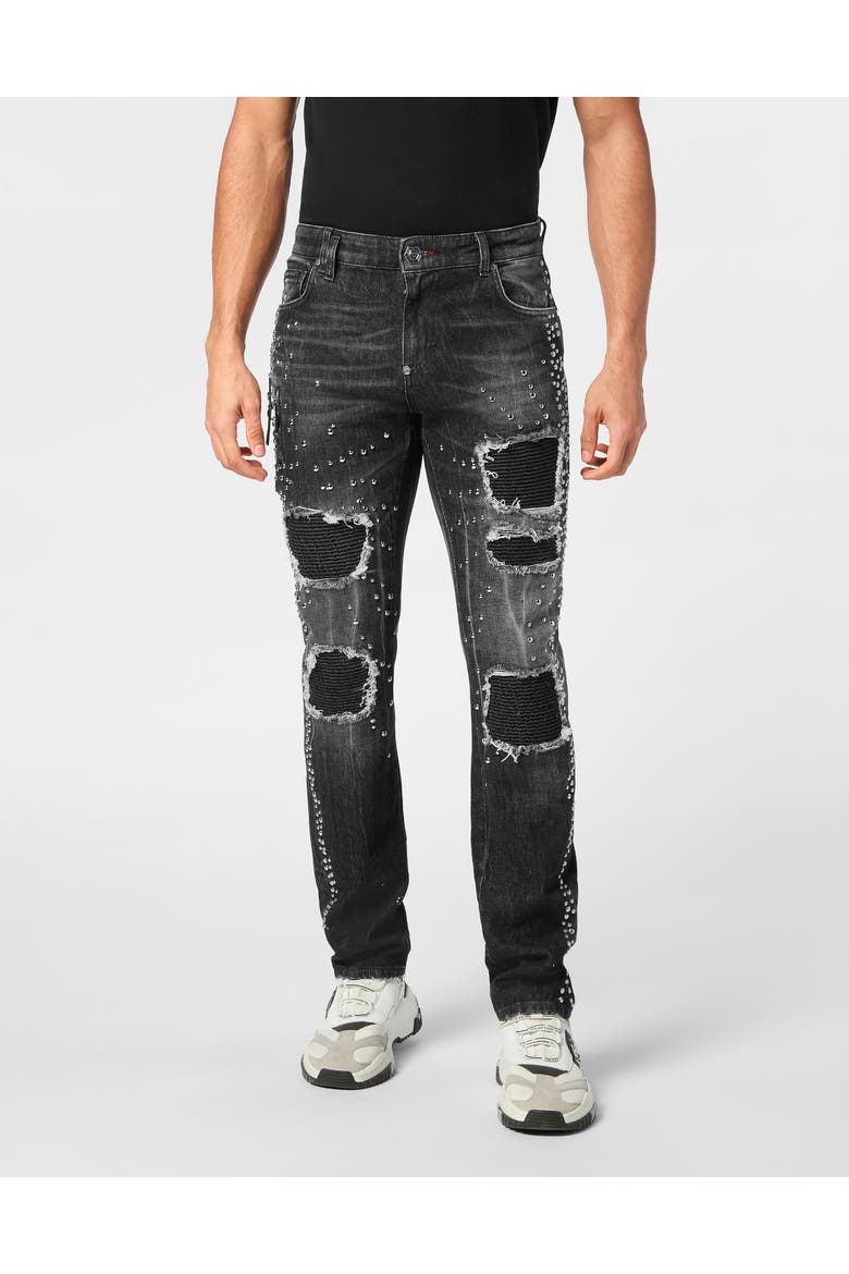 Denim Rock Star Fit Trousers Studs Men, Main, color, FogGrey