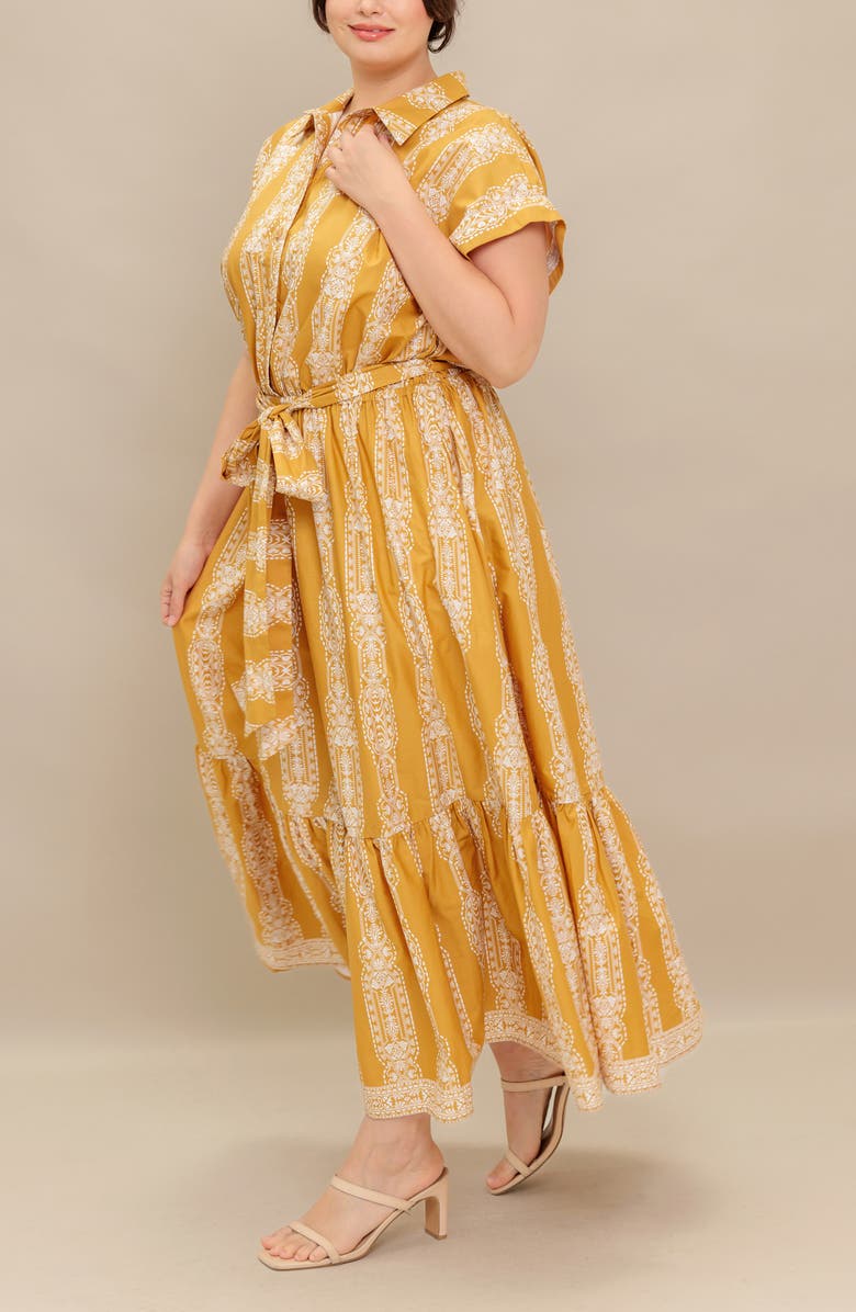 FLYING TOMATO Geometric Floral Stripe Maxi Shirtdress, Alternate, color, Mustard Ivory