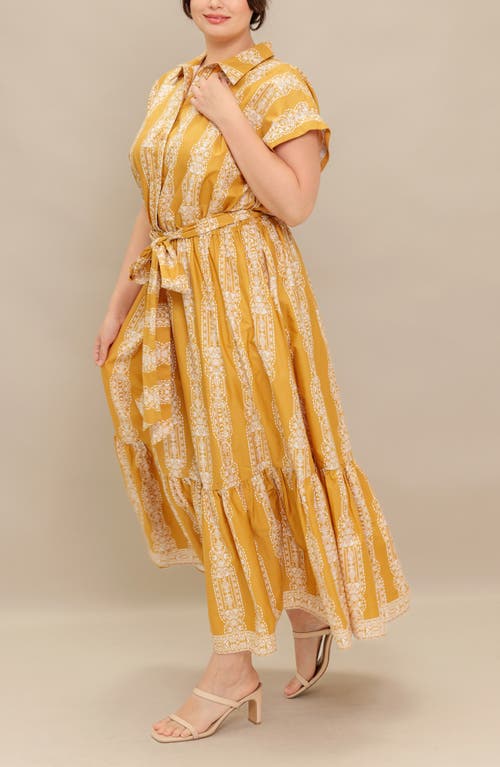 Flying Tomato Geometric Floral Stripe Maxi Shirtdress In Yellow