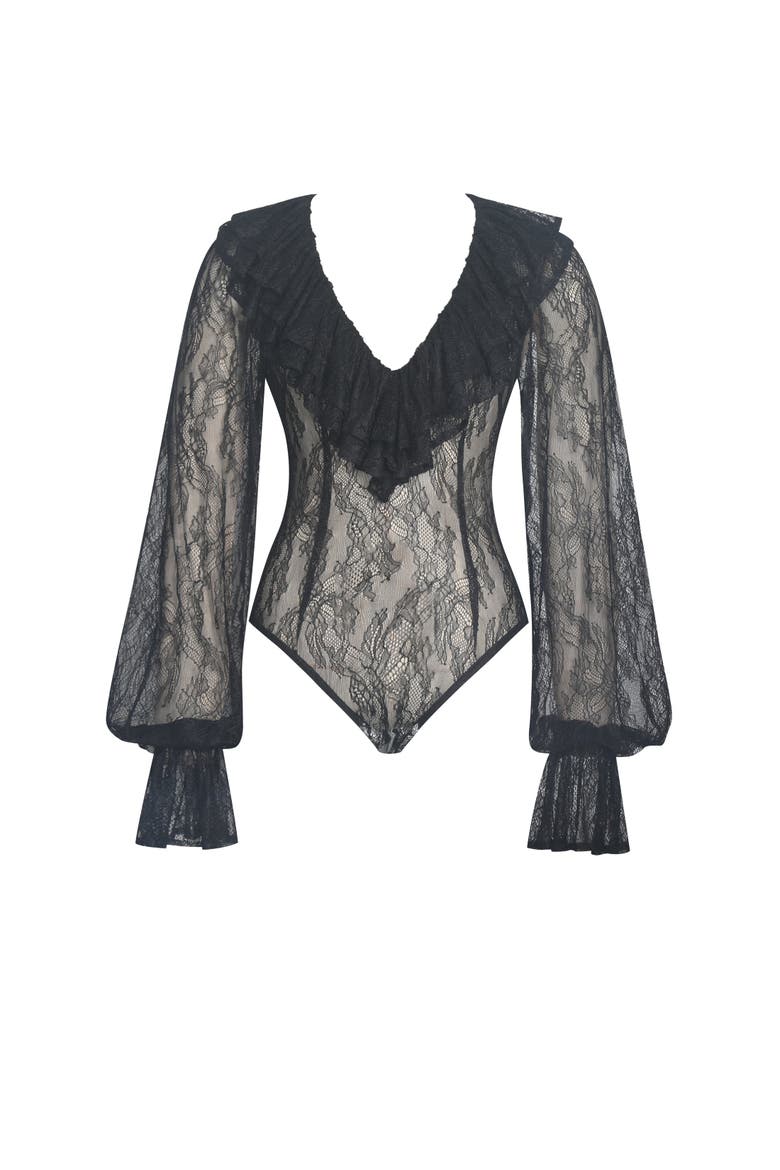 Taliah Sheer Lace Ruffled Collar Bodysuit, Alternate, color, Black