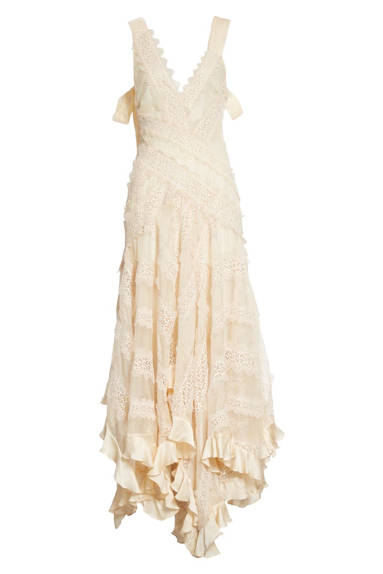 Charm Star Lace & Ruffle Trim Silk Dress, Alternate, color, CREAM