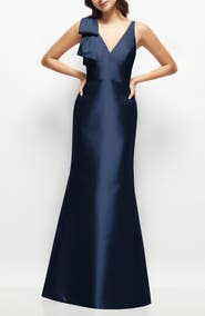 Alfred Sung Bow Detail Sleeveless Satin Twill Trumpet Gown