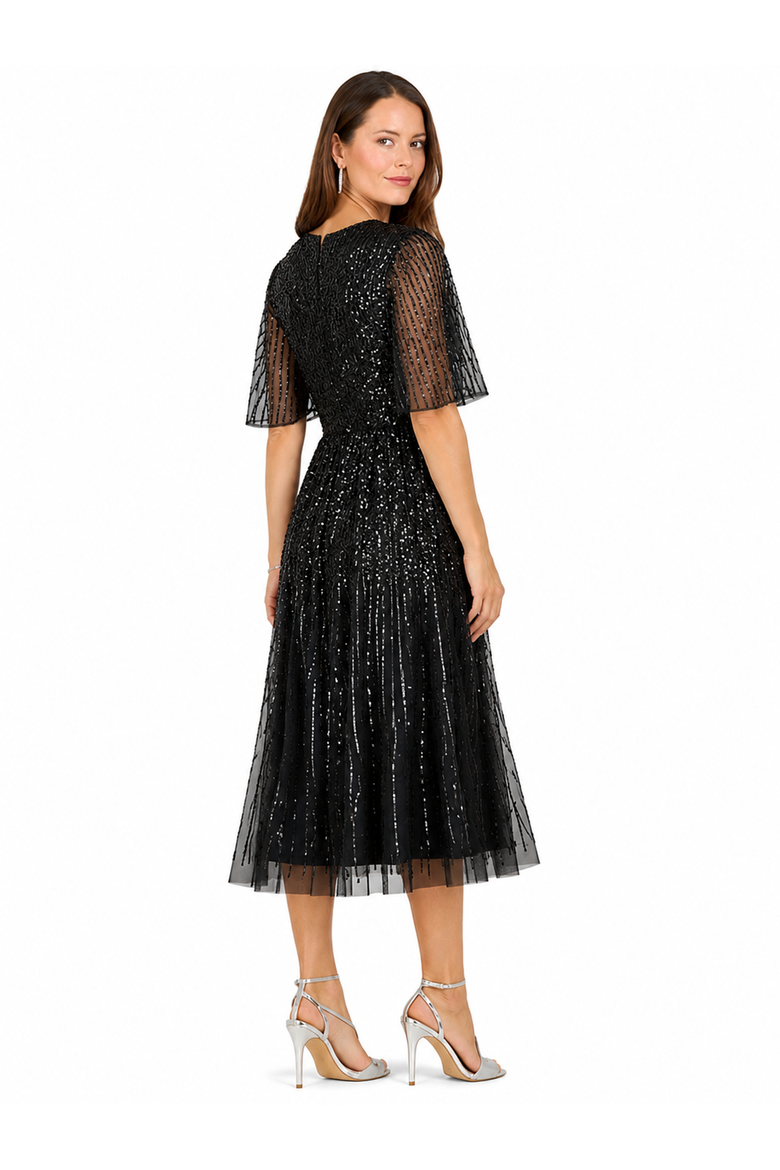 Flowing, Sequin Midi Dress with Short Sleeves, Alternate, color, Black