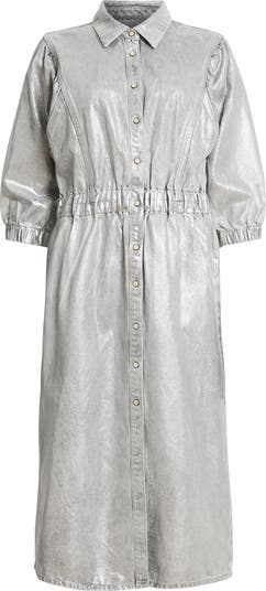 Osa Metallic Puff Sleeve Denim Shirtdress