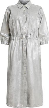 AllSaints Osa Metallic Puff Sleeve Denim Shirtdress