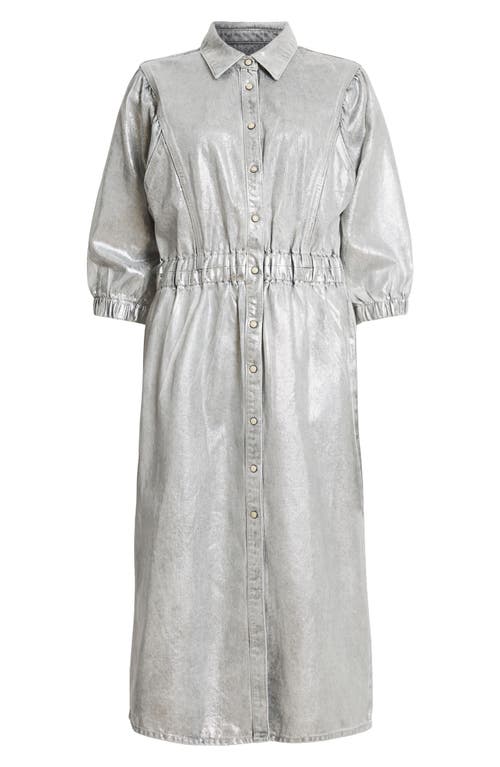 Allsaints Osa Metallic Coated Denim Midi Dress In Silver