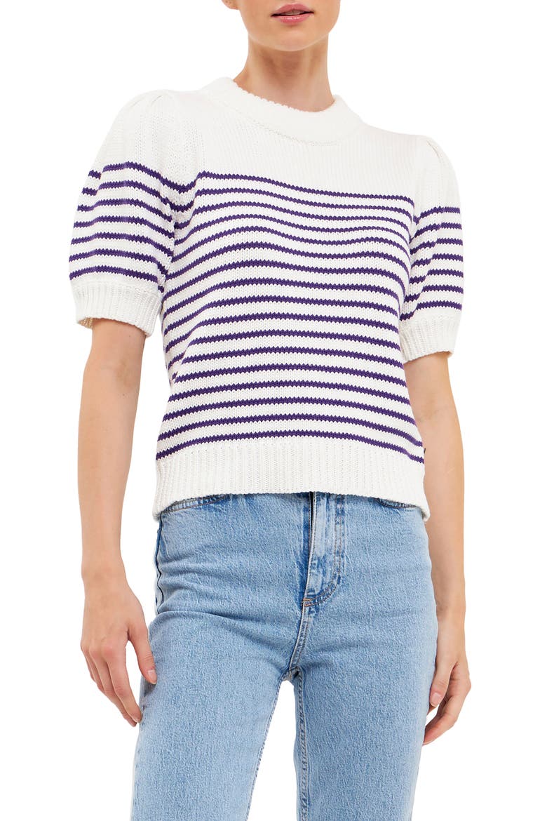 Stripe Short Puff Sleeve Sweater, Alternate, color, WHITE/ PURPLE
