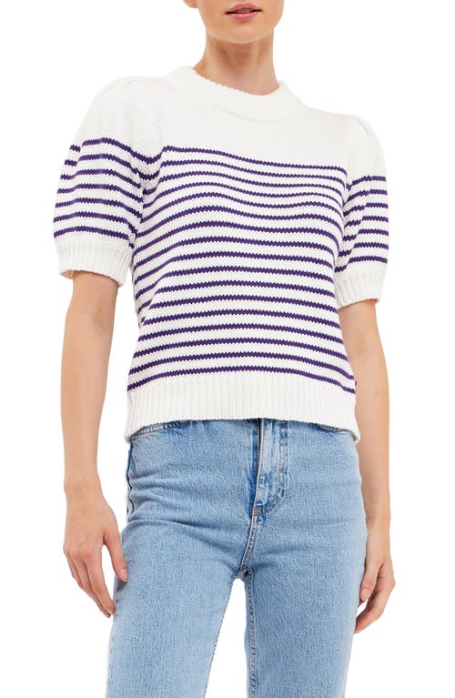 English Factory Stripe Short Puff Sleeve Sweater In White/purple