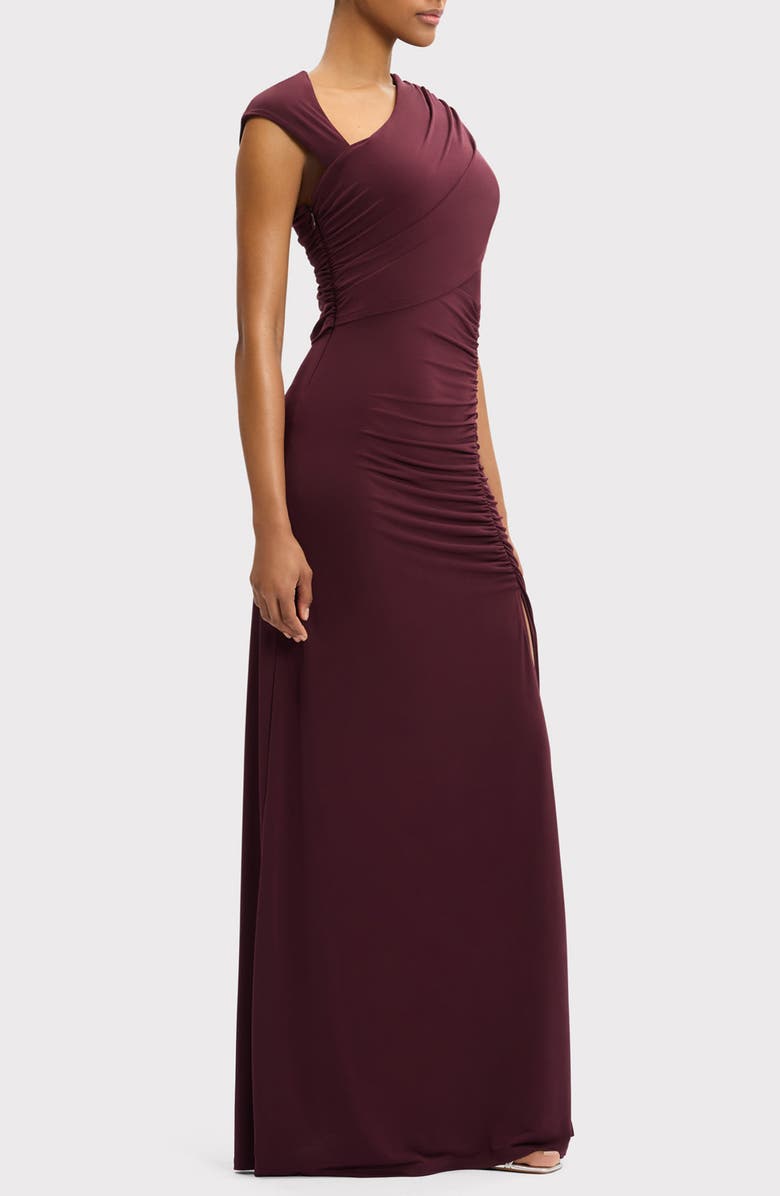 Herve Leger Cap Sleeve Ruched Matte Jersey Dress, Alternate, color, Pinot