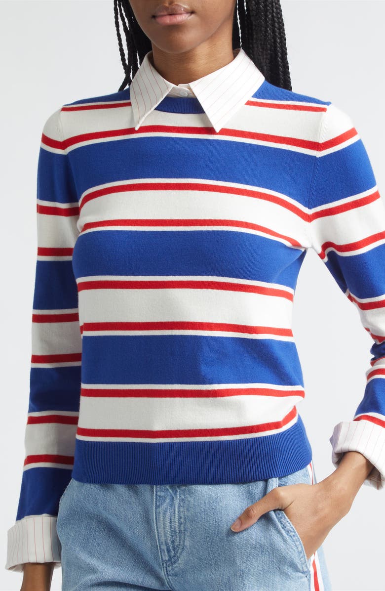Alice + Olivia Porla Collared Stripe Cotton Blend Sweater, Alternate, color, Americana Stripe