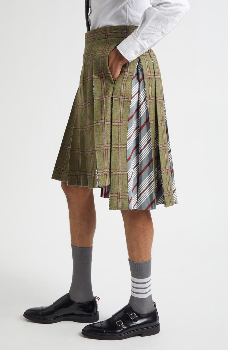Thom Browne Tartan Pleated Wool Backstrap Skirt, Alternate, color, Green