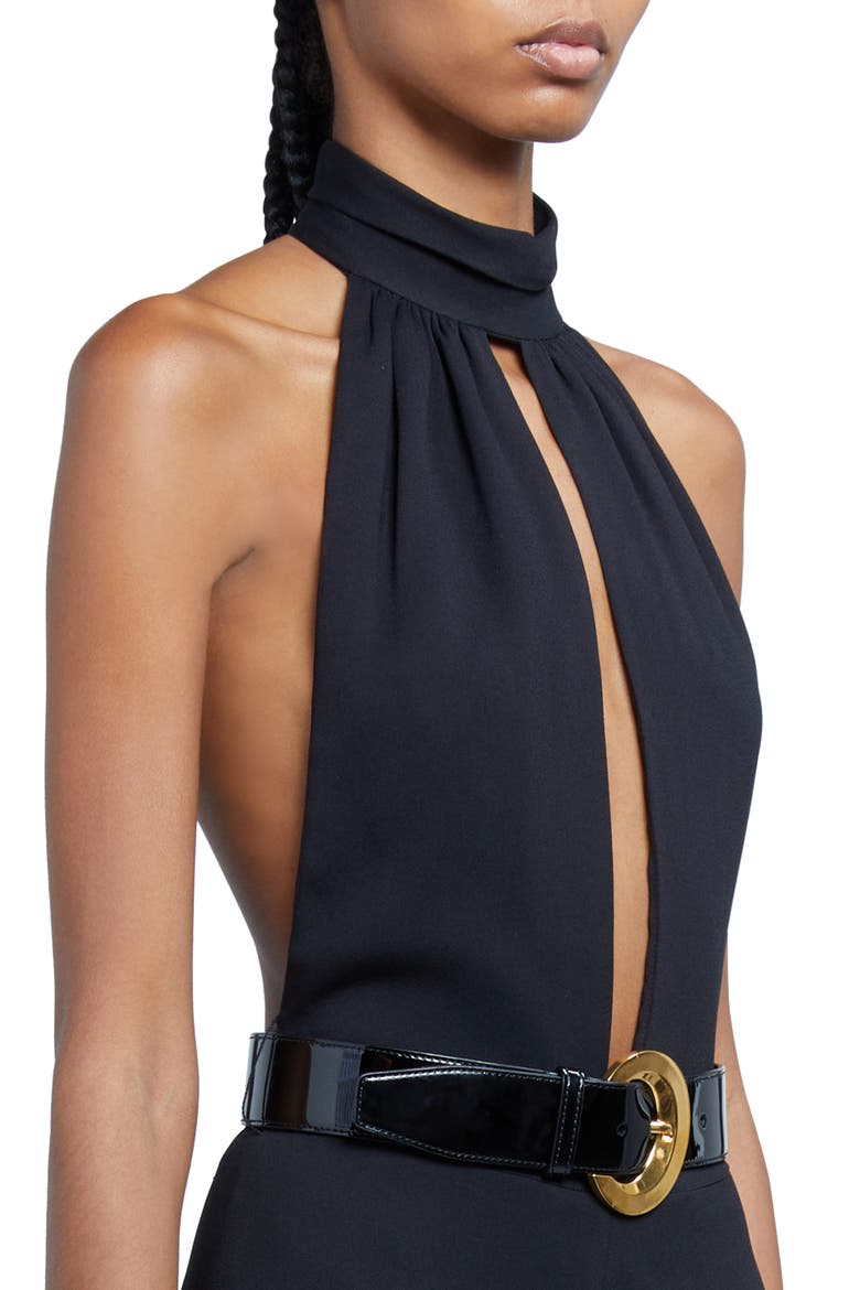 Stretch Sable Belted Halter Jumpsuit, Alternate, color, BLACK
