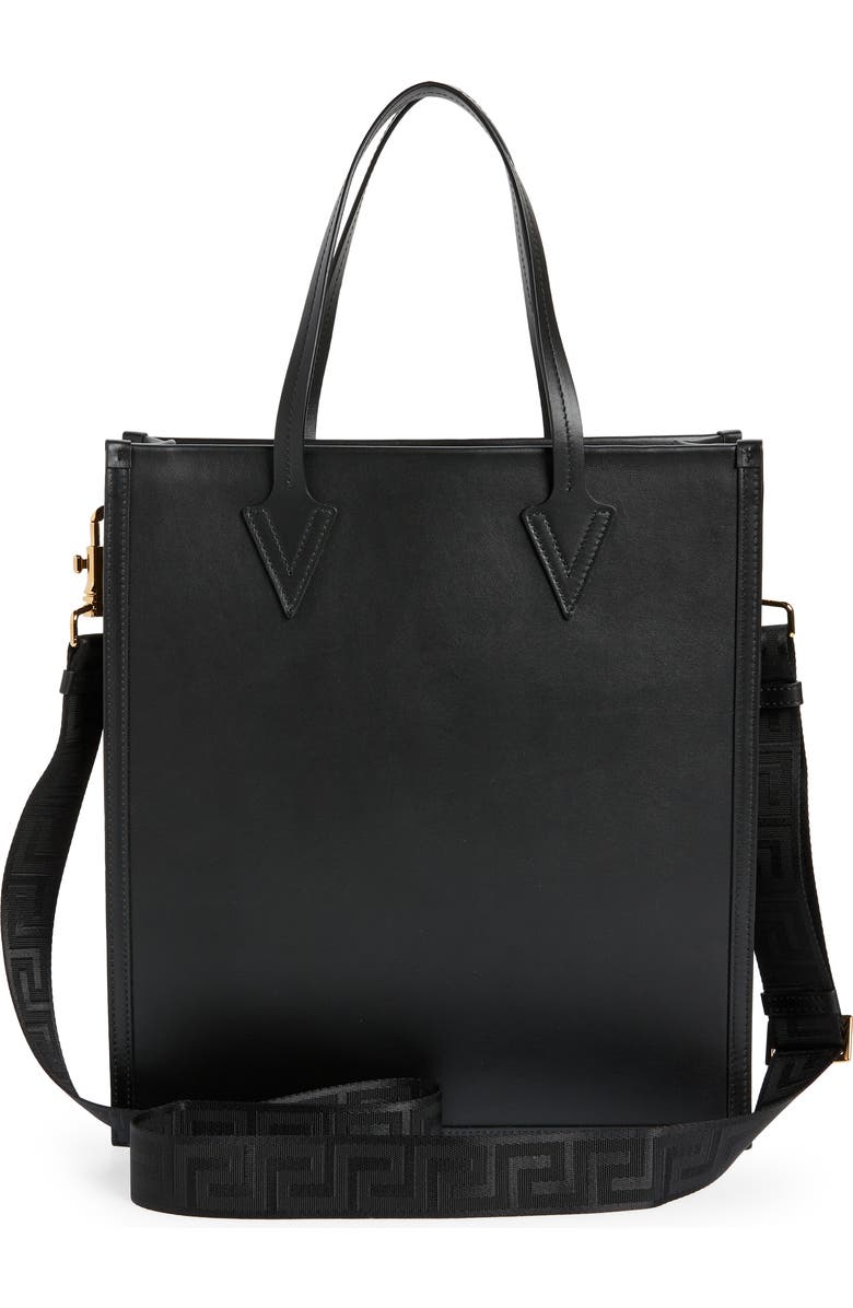 Versace Stud Logo Leather Tote, Alternate, color,