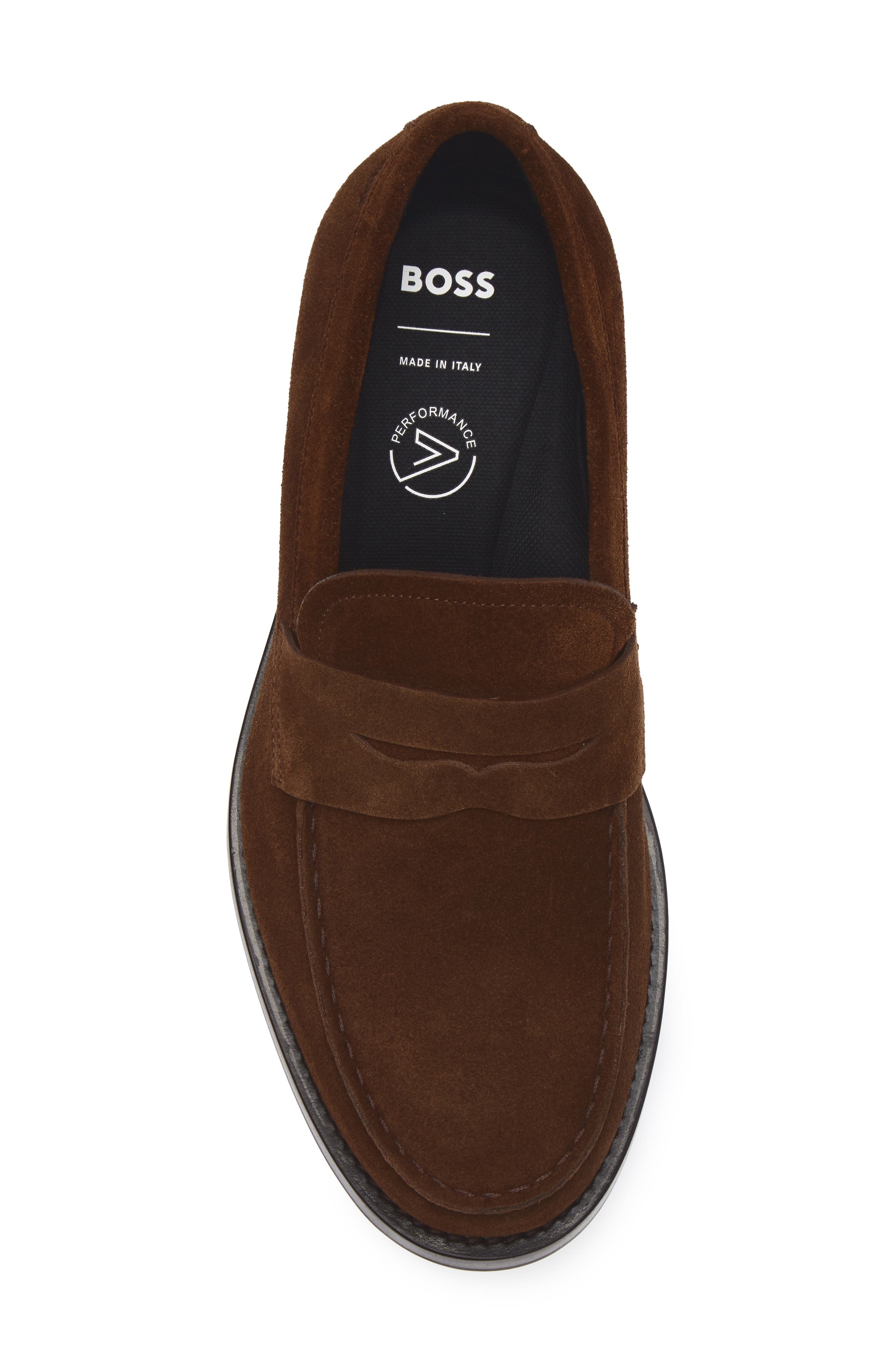 BOSS Dressletic Suede Penny Loafer, Alternate, color, Dark Brown