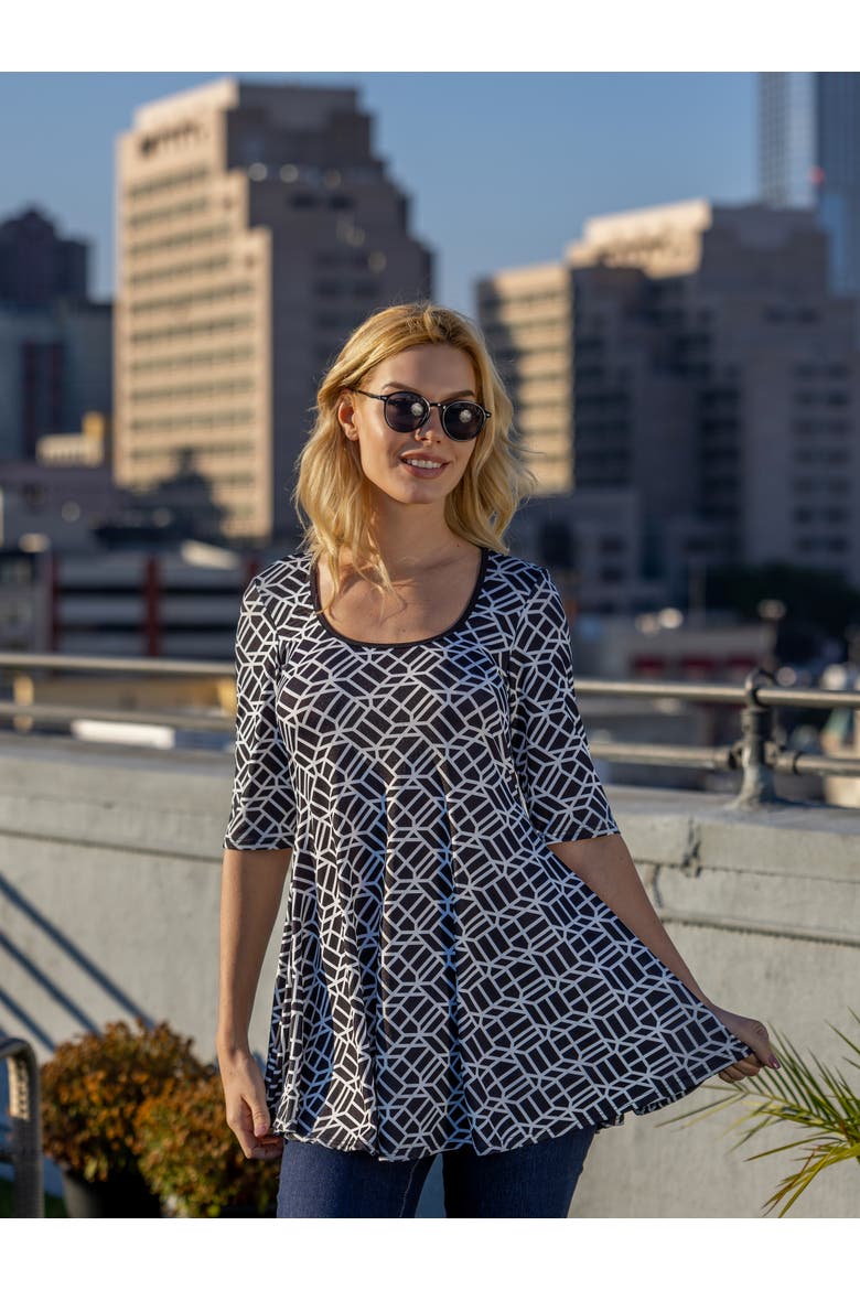 Geometric Print Elbow Sleeve Casual Tunic Top, Alternate, color, Black Multi