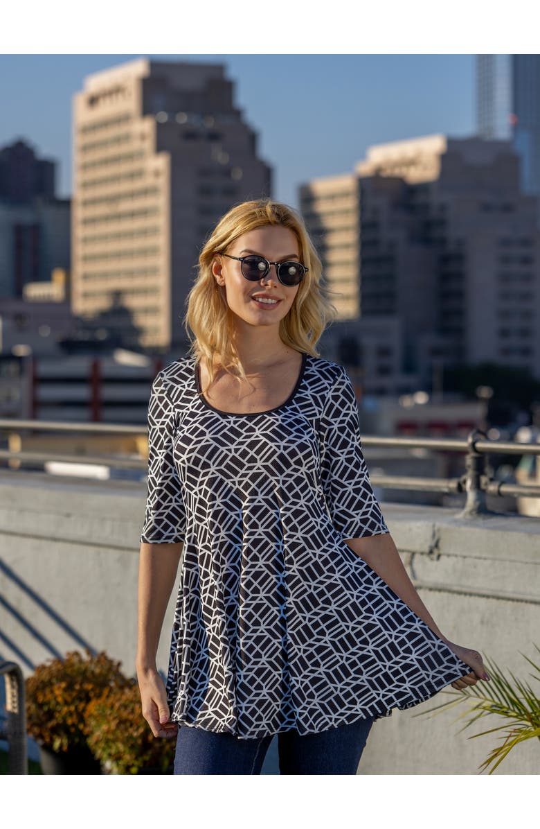 24seven Comfort Apparel Geometric Print Elbow Sleeve Casual Tunic Top, Alternate, color, Black Multi