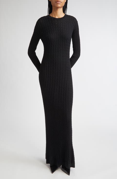 Long Sleeve Cable Knit Wool Merino Wool Sweater Dress