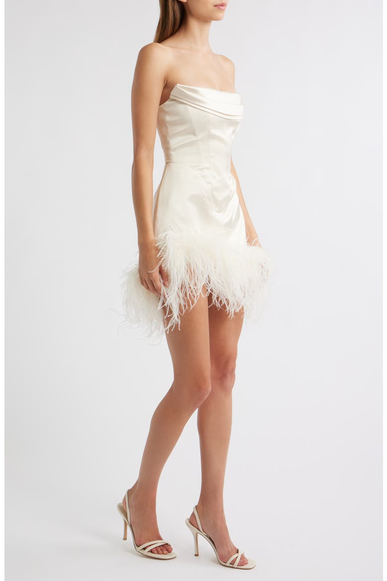 Adrienne Ostrich Feather Hem Strapless Satin Cocktail Minidress, Alternate, color, IVORY