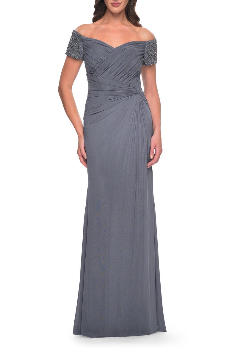 Net Jersey Long Gown with Exquisite Beaded Design, Main, color, Gunmetal