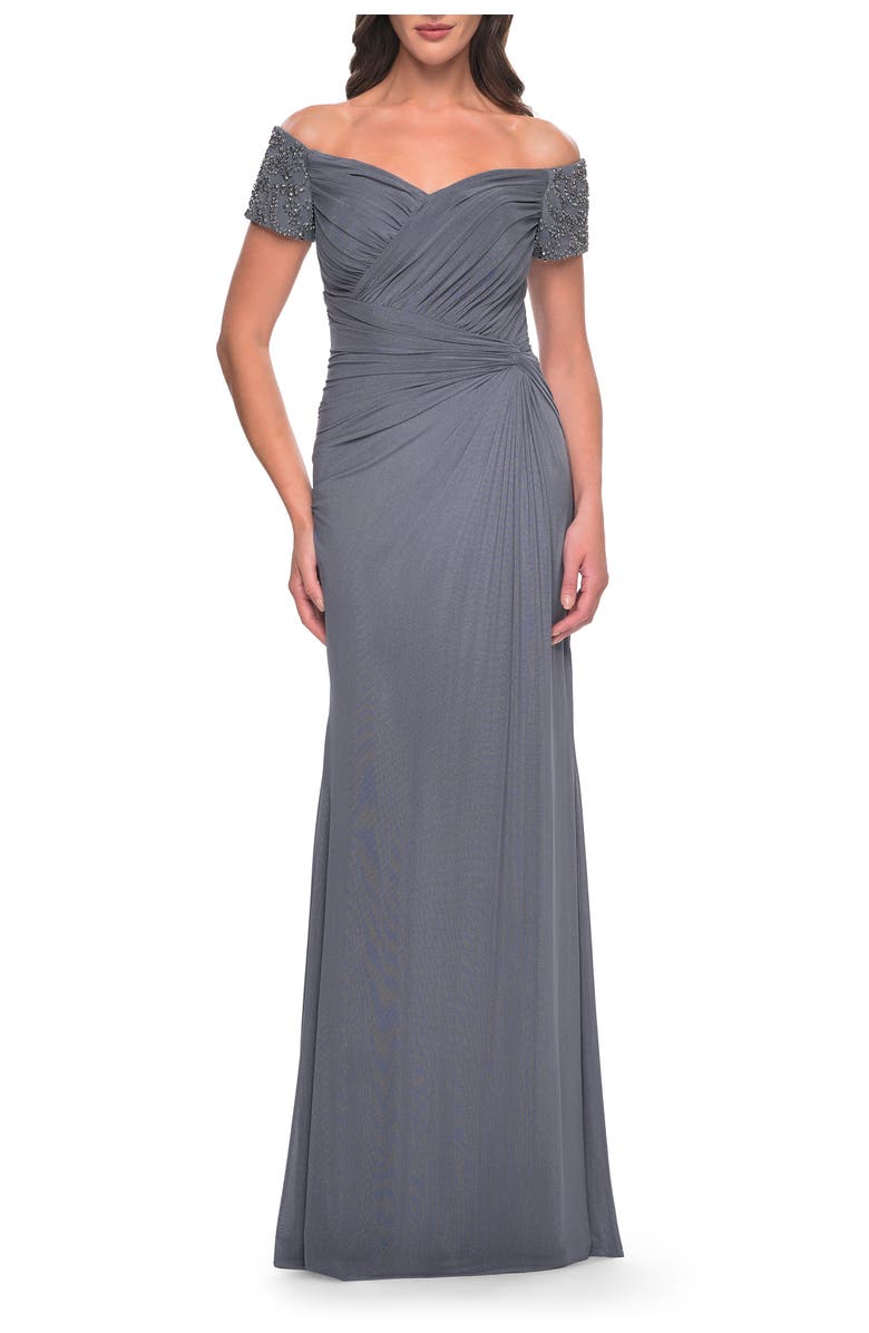 La Femme Net Jersey Long Gown with Exquisite Beaded Design, Main, color, Gunmetal