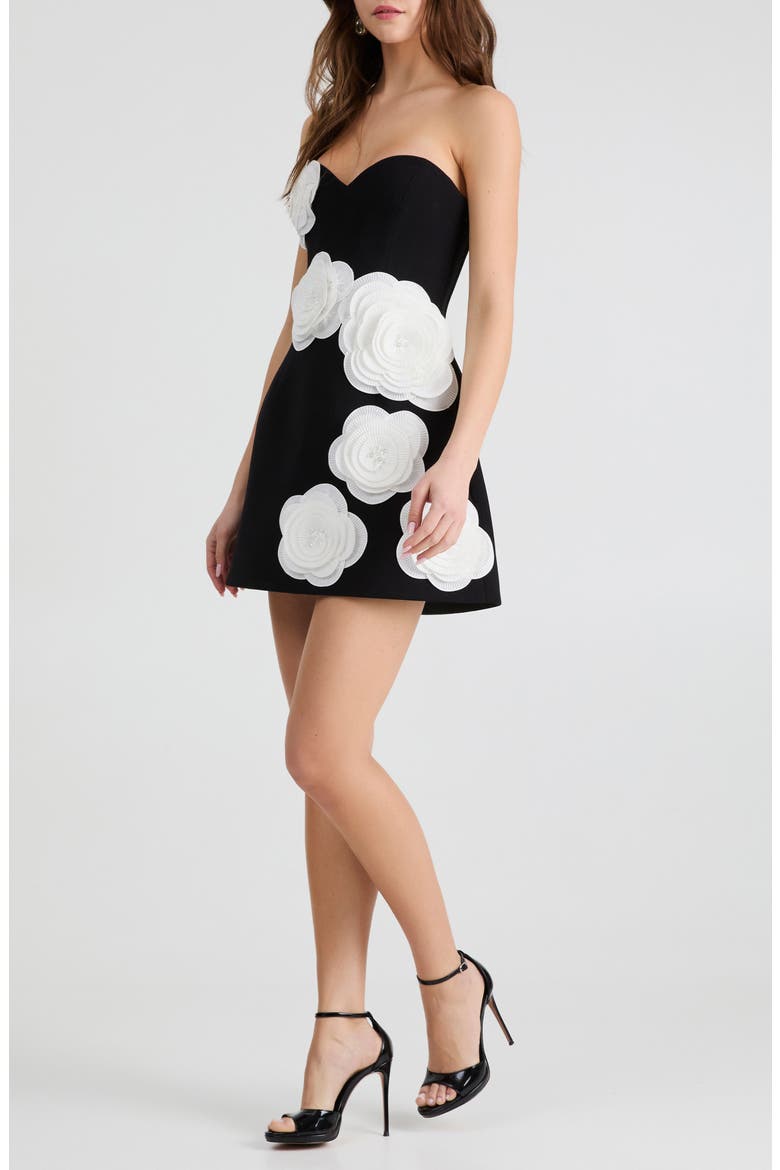 Gia Floral Appliqué Strapless Minidress, Alternate, color, BLACK/ OFF WHITE