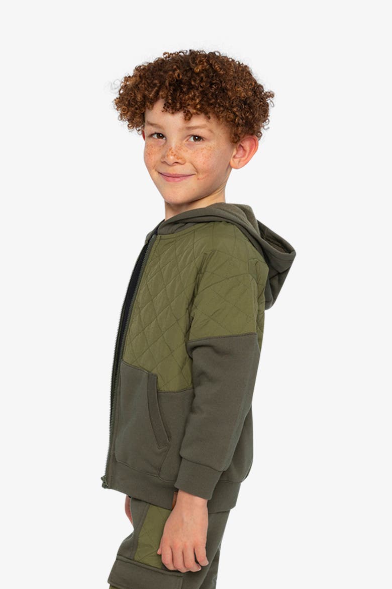 Full Zip Hooded Bi-Material Quilted Panel Cardigan, Alternate, color, Green