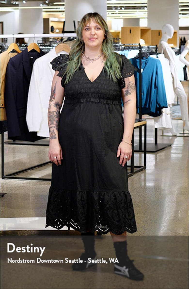 Clementine Eyelet Smocked Cotton Blend Midi Dress, sales video thumbnail