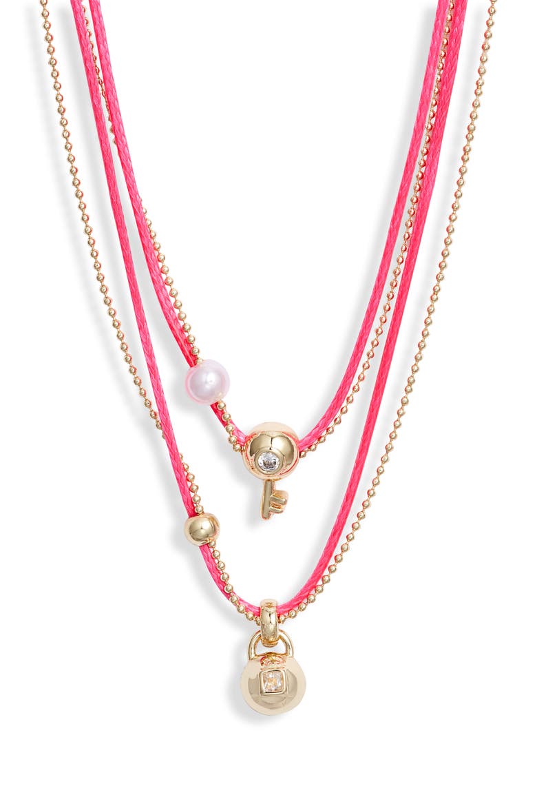 Gift Boxed Set of 2 Demi Fine Mommy & Me Lock Key Pendant Necklaces, Alternate, color, PINK MULTI- GOLD