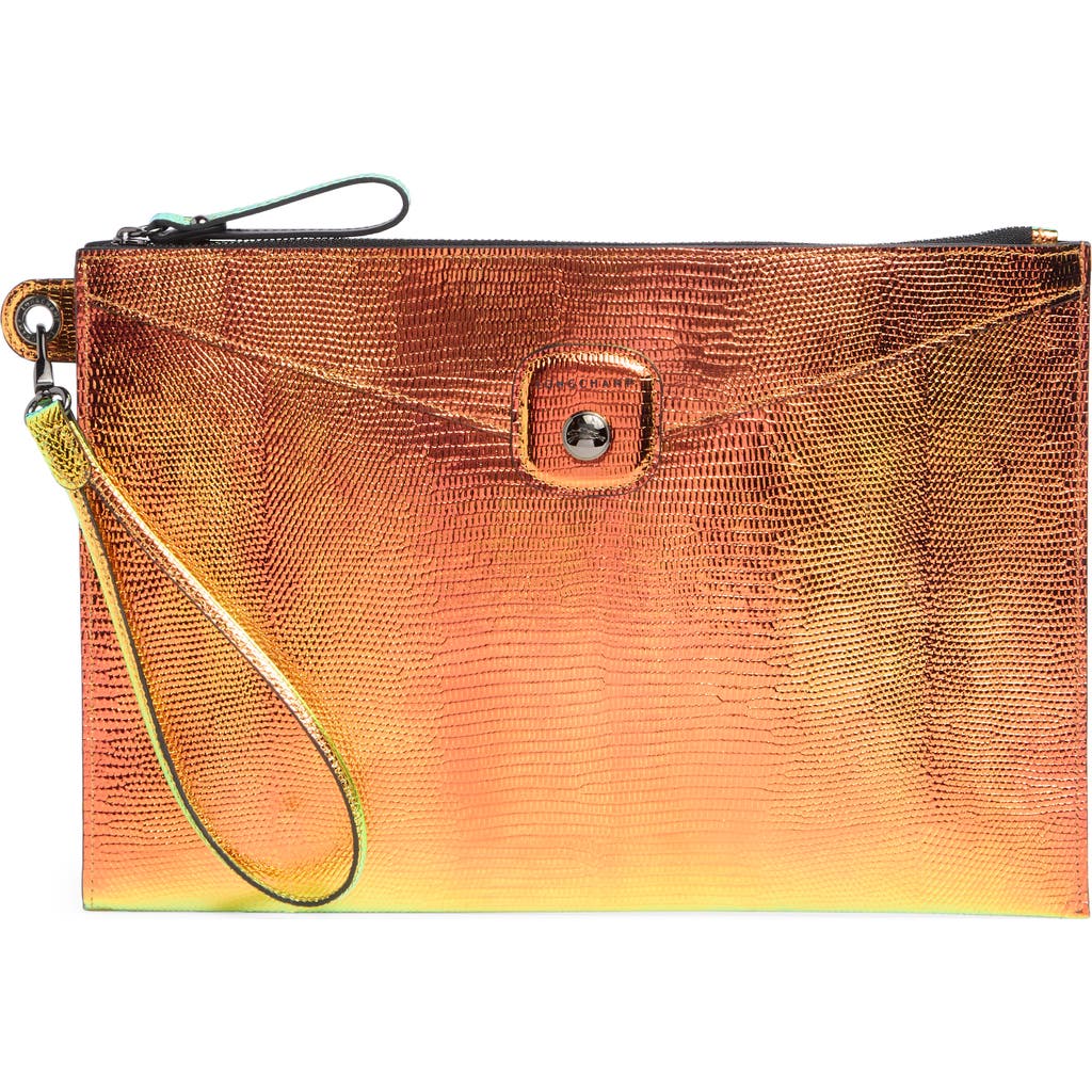 Longchamp Snakeskin Embossed Metallic Leather Wristlet In Gold