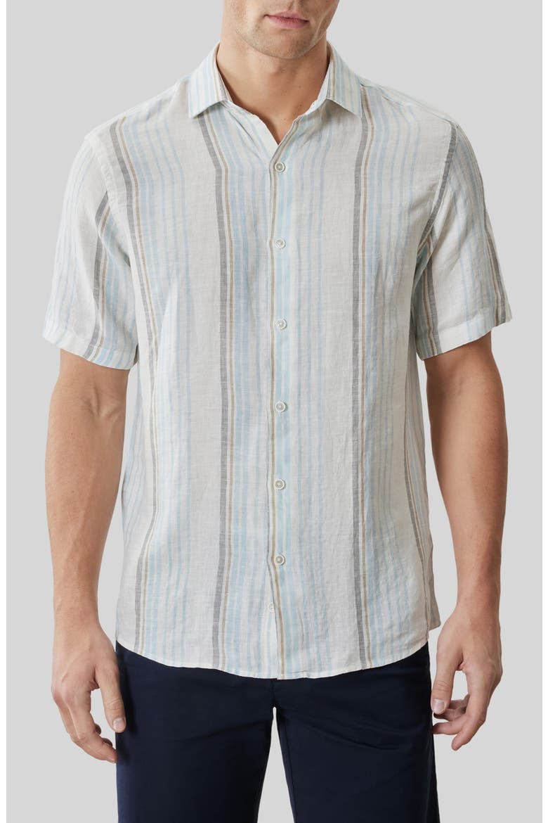 Thayer Stripe Short Sleeve Linen Button-Up Shirt, Main, color, FRESH BLUE