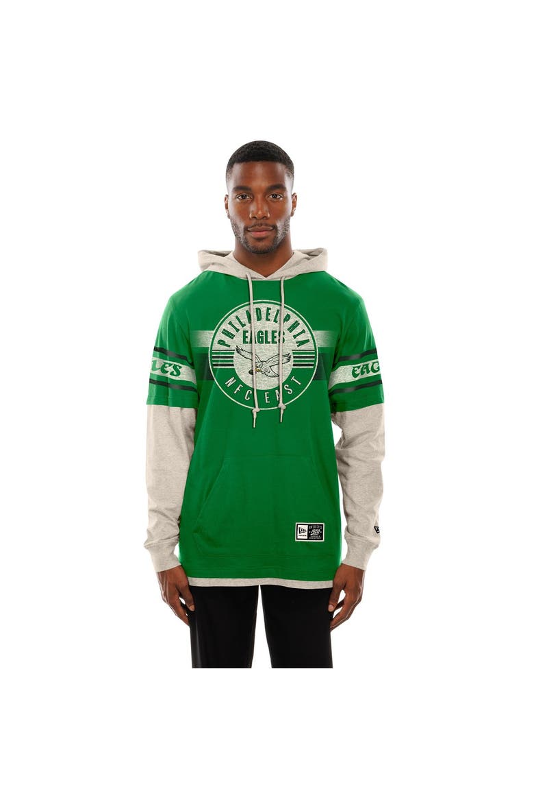 Men's New Era  Kelly Green Philadelphia Eagles Twofer Layered Long Sleeve Hoodie T-Shirt, Main, color, Kelly Green