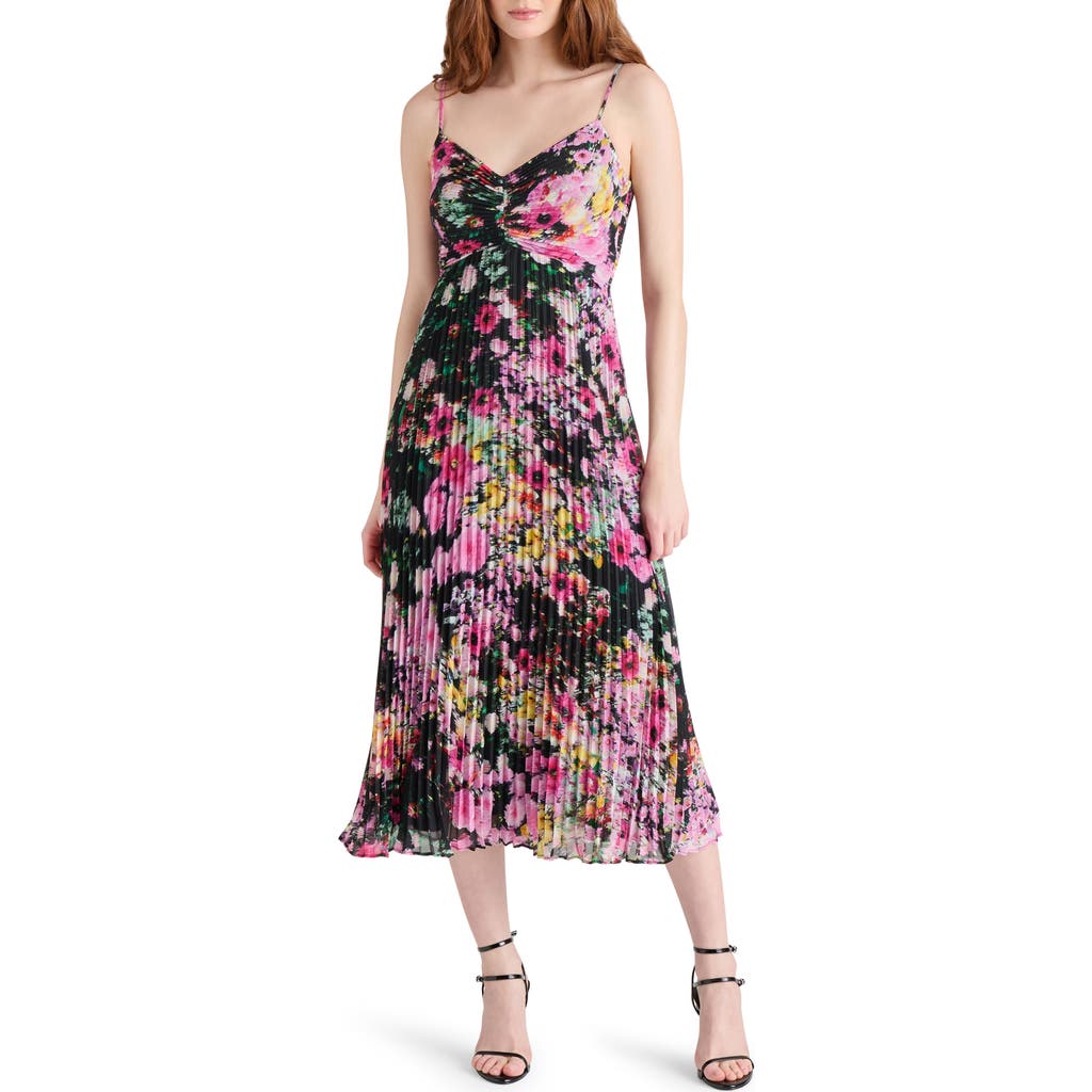 Steve Madden Ray Pleated Floral Chiffon Midi Dress In Black Multi