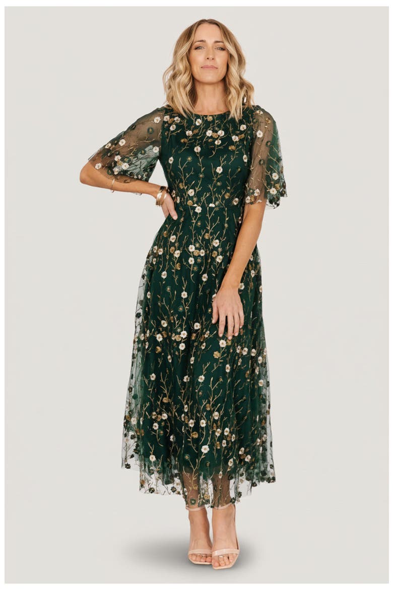 Arabella Embroidered Tulle Maxi Dress, Main, color, Dark Green Floral