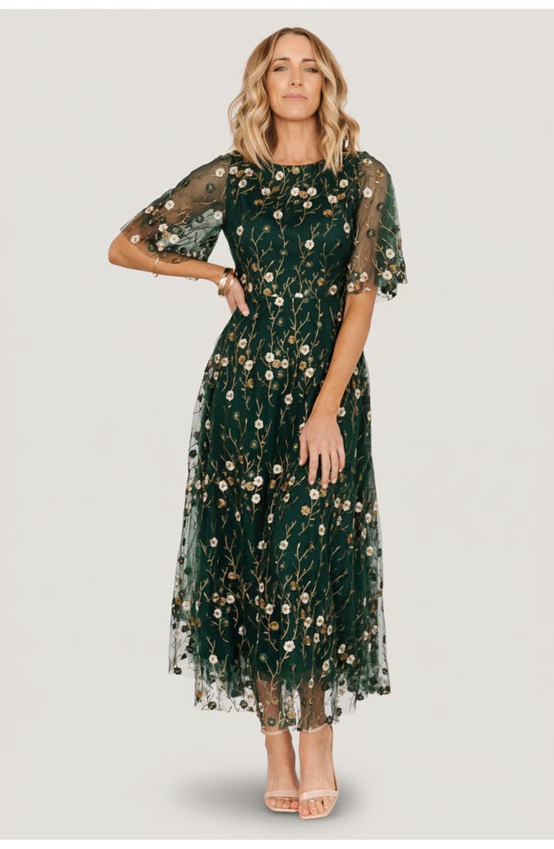 Baltic Børn Arabella Embroidered Tulle Maxi Dress, Main, color, Dark Green Floral