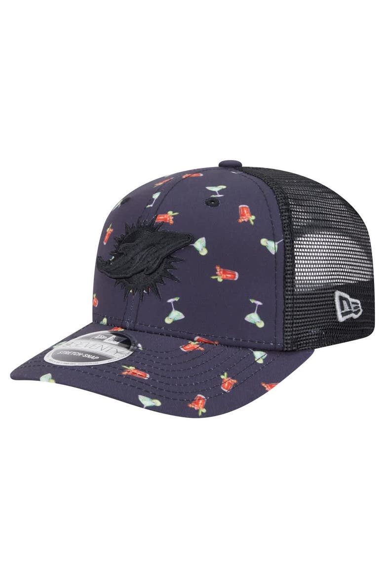 Men's New Era  Navy/Black Miami Dolphins Adventure Drinks Pattern 9SEVENTY Stretch-Snap Hat, Main, color, Navy