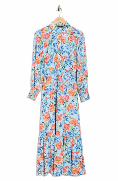 T Tahari Floral Long Sleeve Maxi Shirtdress