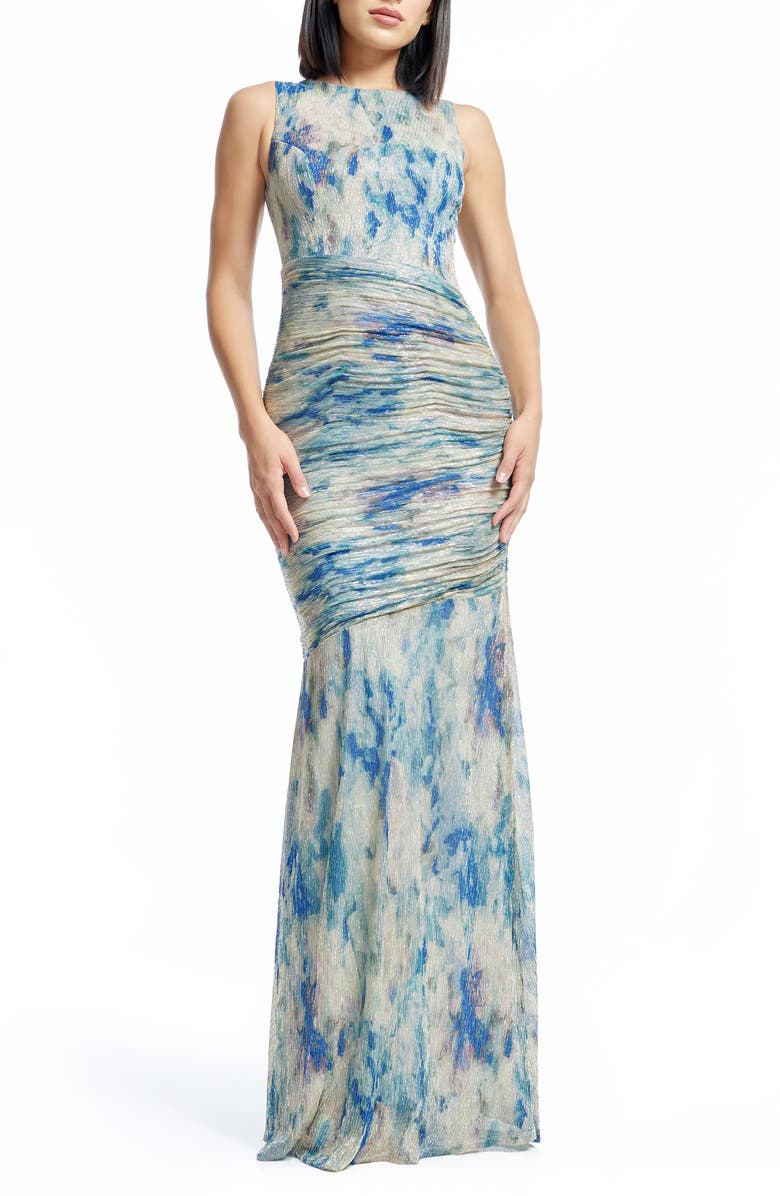 Dress the Population Violetta Metallic Floral Print Trumpet Gown, Main, color, Pale Blue Multi