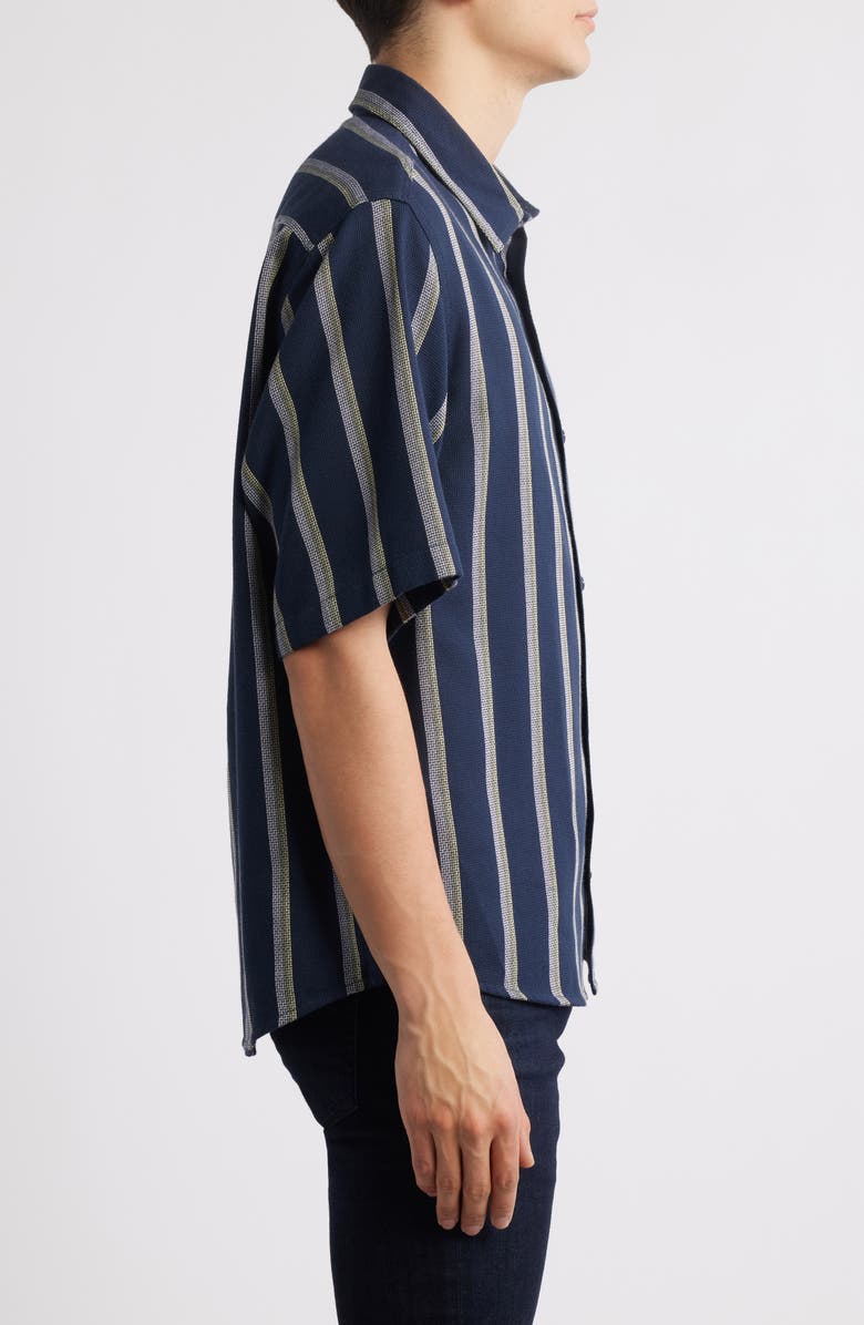 HUGO Eralino Loose Fit Stripe Short Sleeve Cotton Blend Button-Up Shirt, Alternate, color, Dark Blue