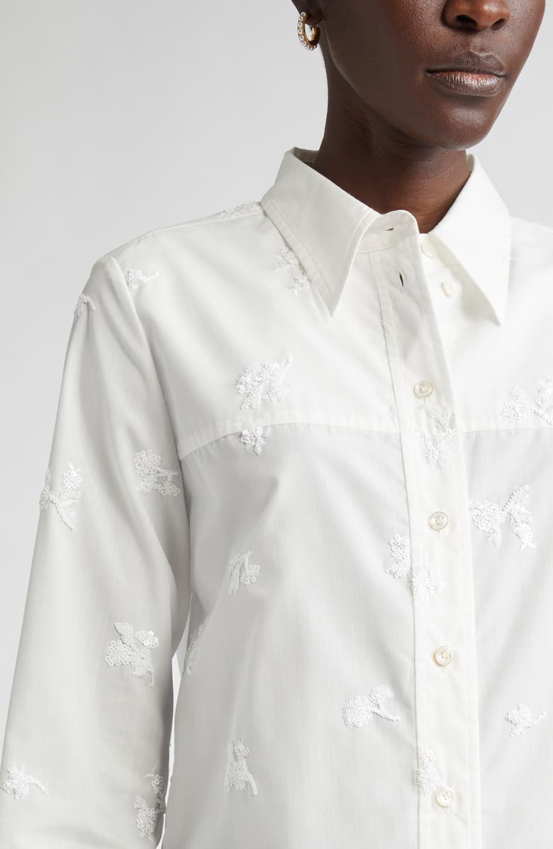 ST. JOHN Sequin Floral Embroidered Button-Up Shirt, Alternate, color, Ivory