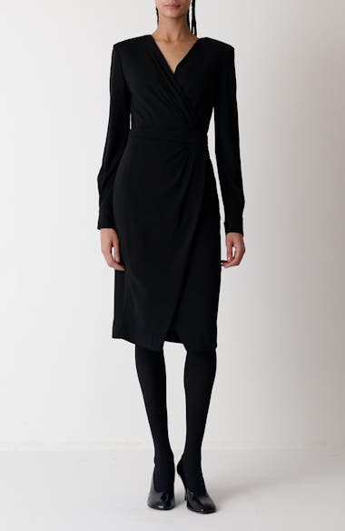 【送料&関税込】Max Mara Sansone V-neck Long-sleeved Dress Long satin dress, black | 